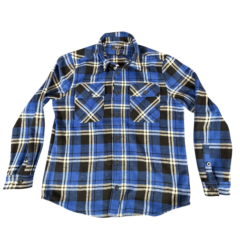 Forever 21 Shirt Mens XL Blue Plaid Flannel Button Front Long Sleeve Casual
